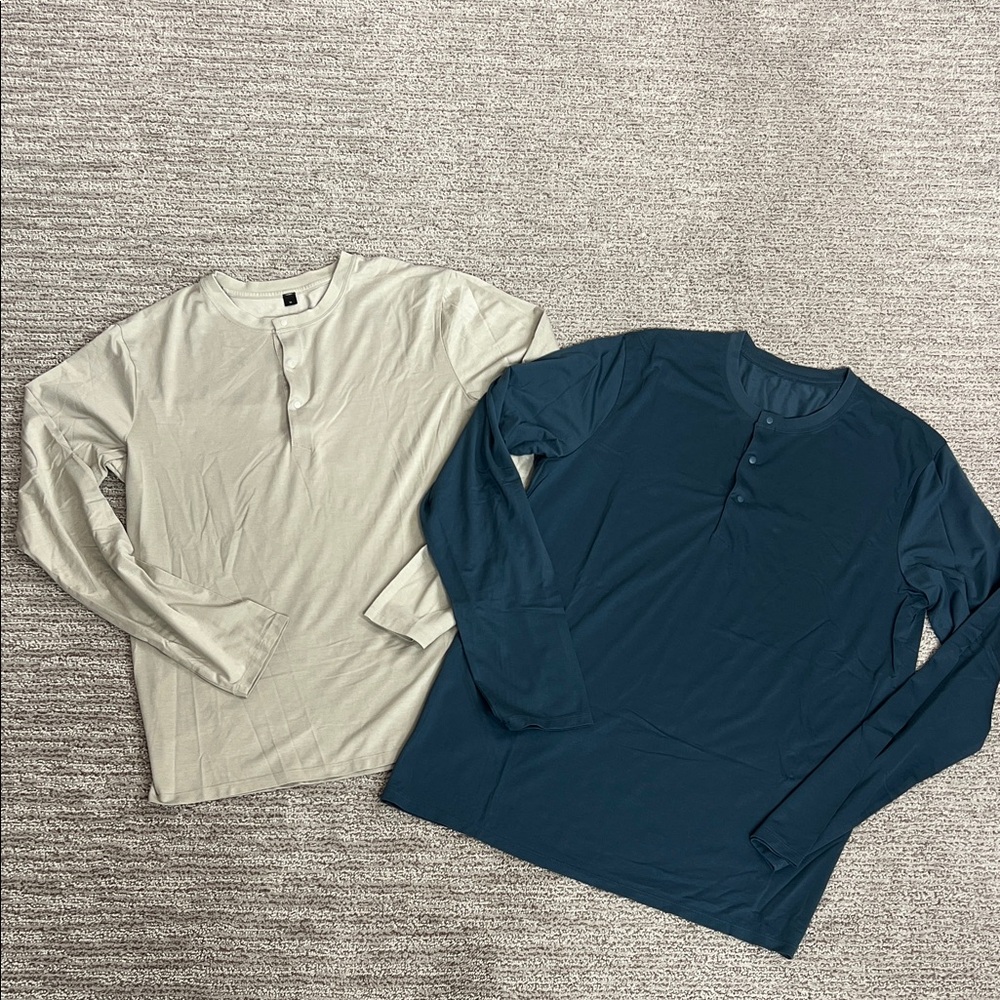 Men's Lululemon Long Sleeve Henley Shirts - Tan and Teal Blue Medium